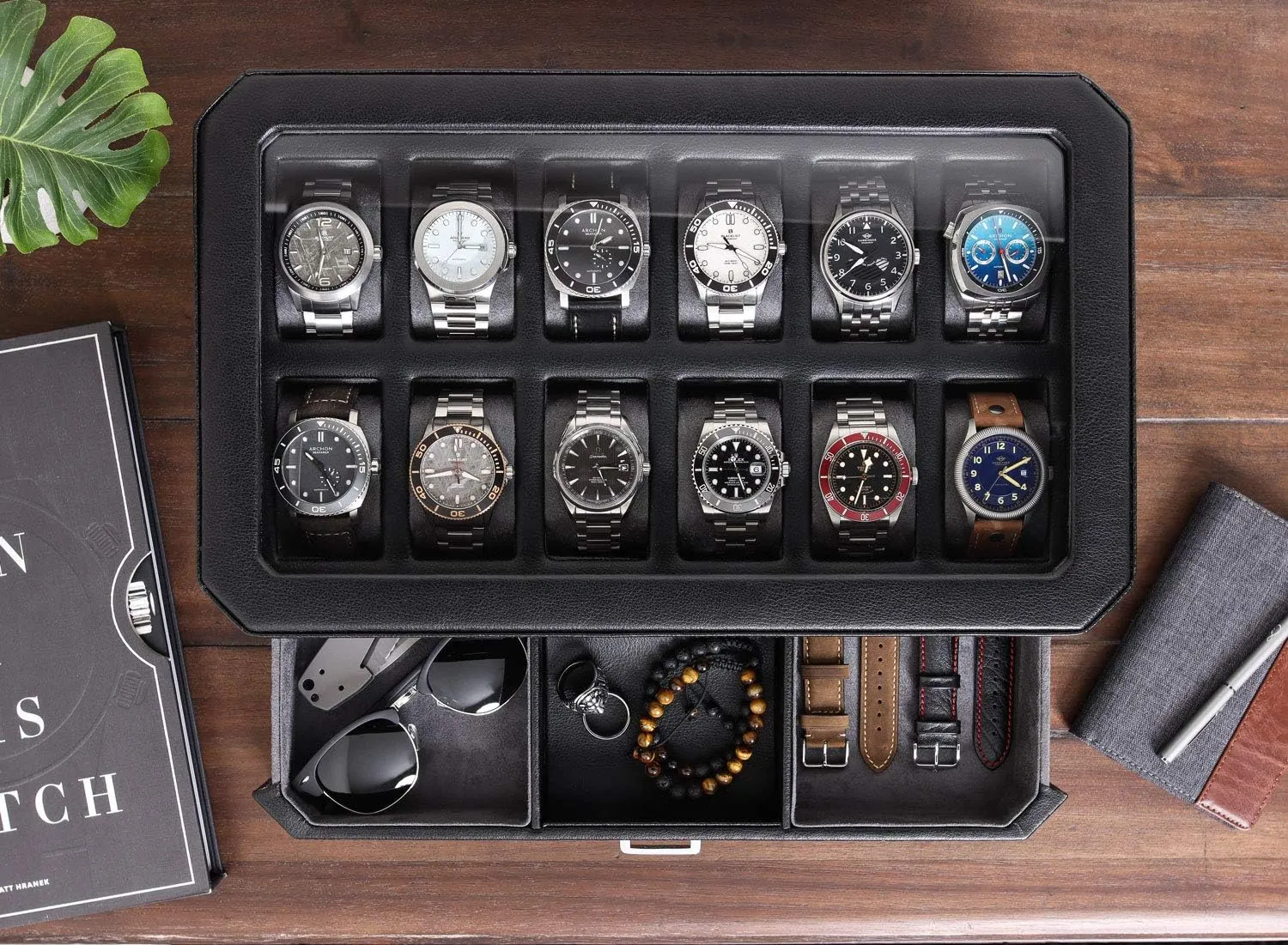 Glass Top (Black/Grey) ROTHWELL 12 Slot Leather Watch Box with Valet Drawer - Luxury Watch and Jewelry Case Display Organizer, Microsuede performer liner, Mens Locking Storage Holder Large 