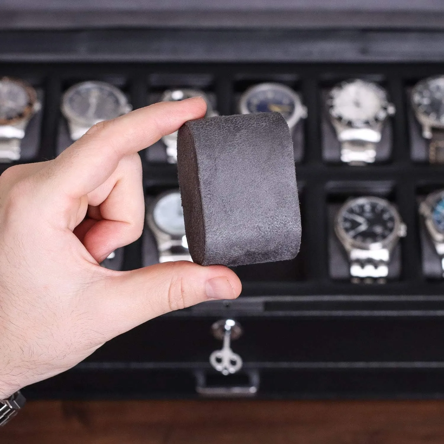 Glass Top (Black/Grey) ROTHWELL 12 Slot Leather Watch Box with Valet Drawer - Luxury Watch and Jewelry Case Display Organizer, Microsuede performer liner, Mens Locking Storage Holder Large 