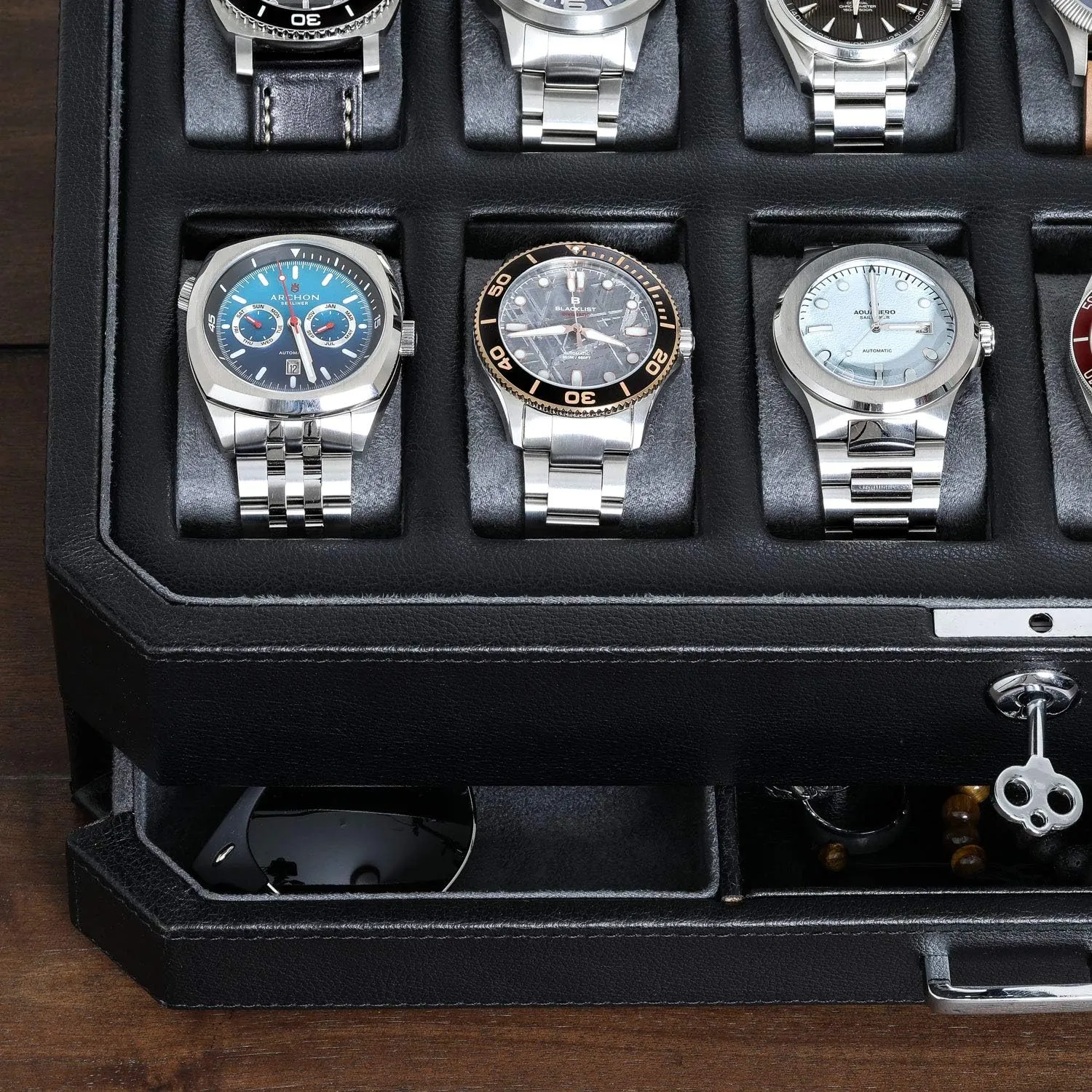 Glass Top (Black/Grey) ROTHWELL 12 Slot Leather Watch Box with Valet Drawer - Luxury Watch and Jewelry Case Display Organizer, Microsuede performer liner, Mens Locking Storage Holder Large 