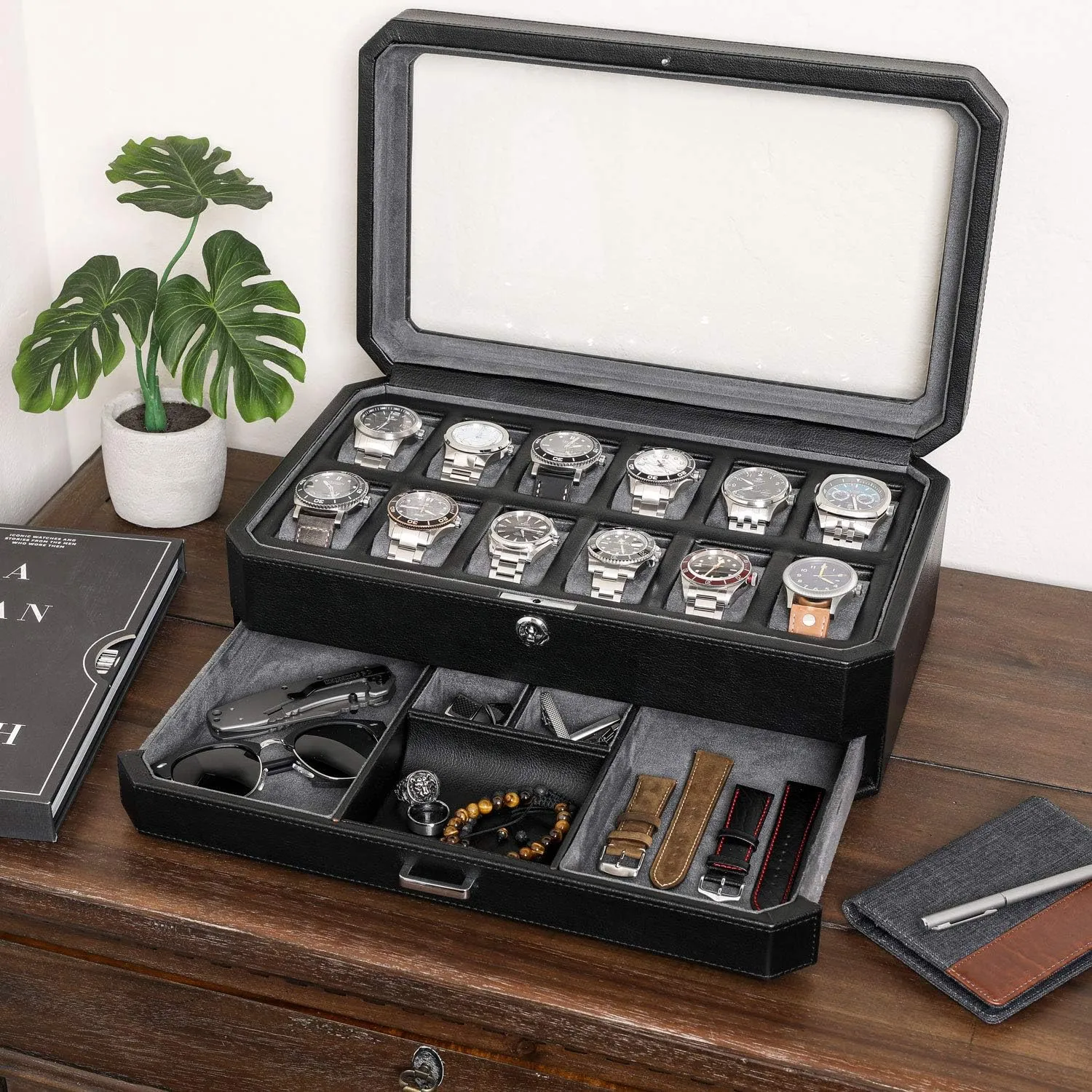 Glass Top (Black/Grey) ROTHWELL 12 Slot Leather Watch Box with Valet Drawer - Luxury Watch and Jewelry Case Display Organizer, Microsuede performer liner, Mens Locking Storage Holder Large 