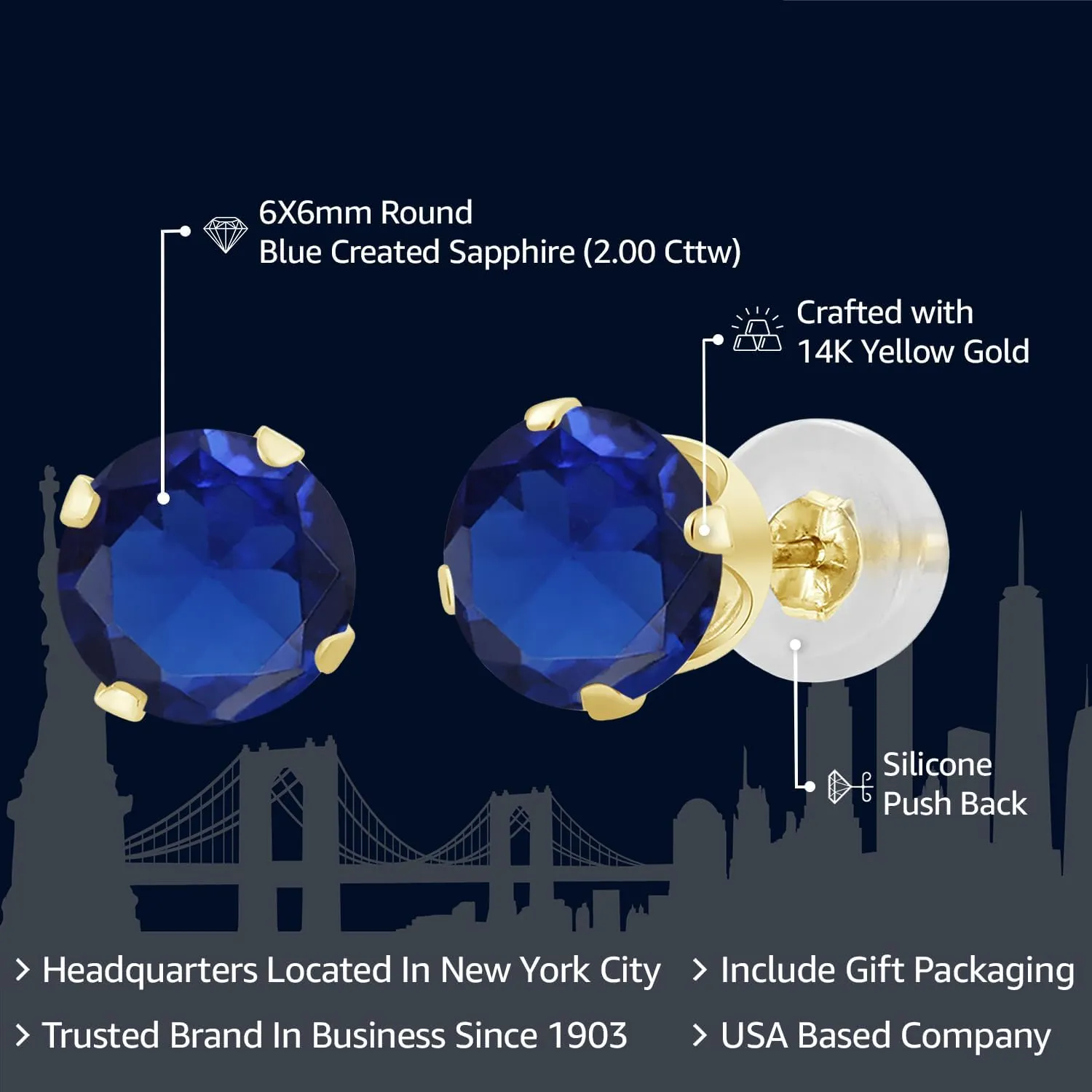 Gold Earrings For Women Men Gem Stone King 14K Gold Gemstone Birthstone Solitaire Stud Earrings banana lack blossom alkaline | Round 6MM | 