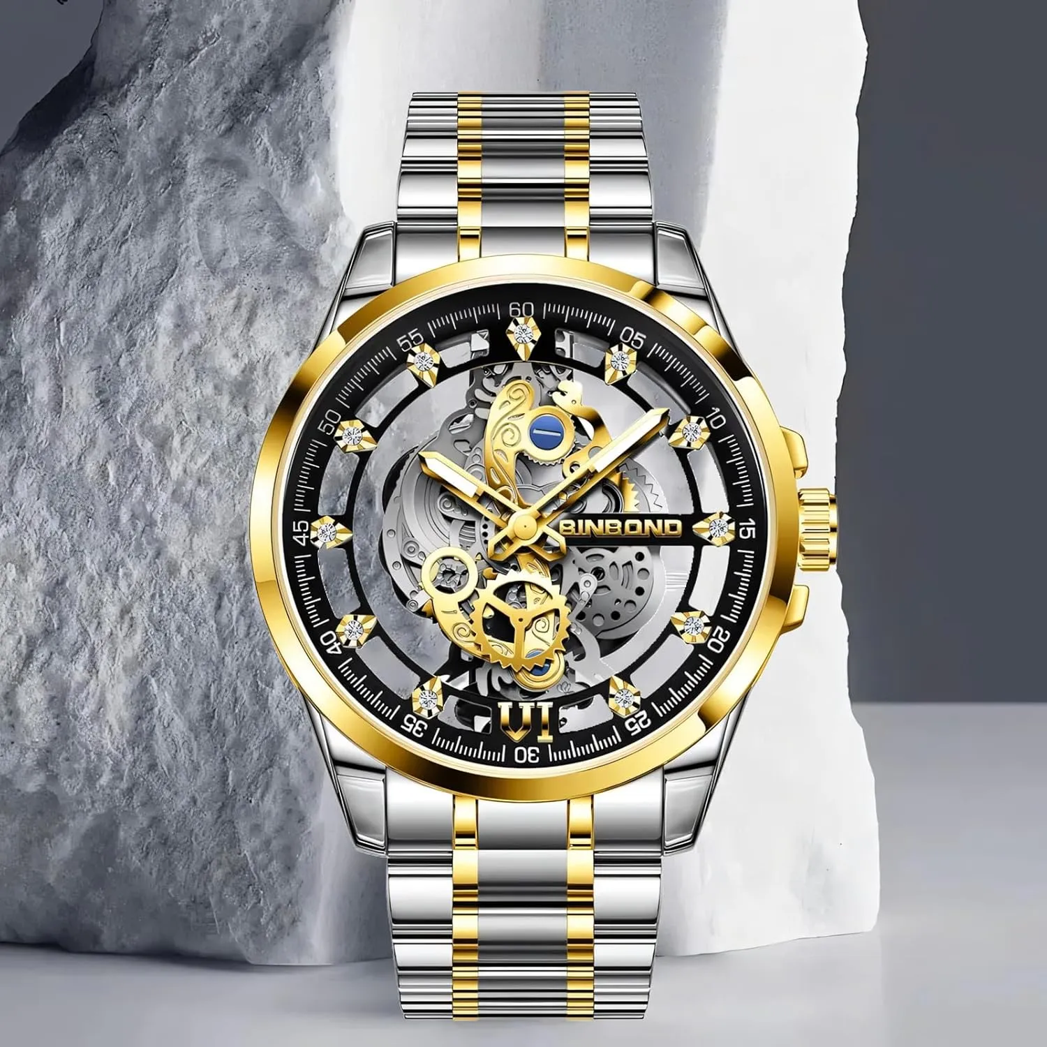 Gold Skeleton Retro Men's Watches Waterproof Luminous parent Rhinestone Inlaid Watch Men Hollow Quartz Wristwatch 