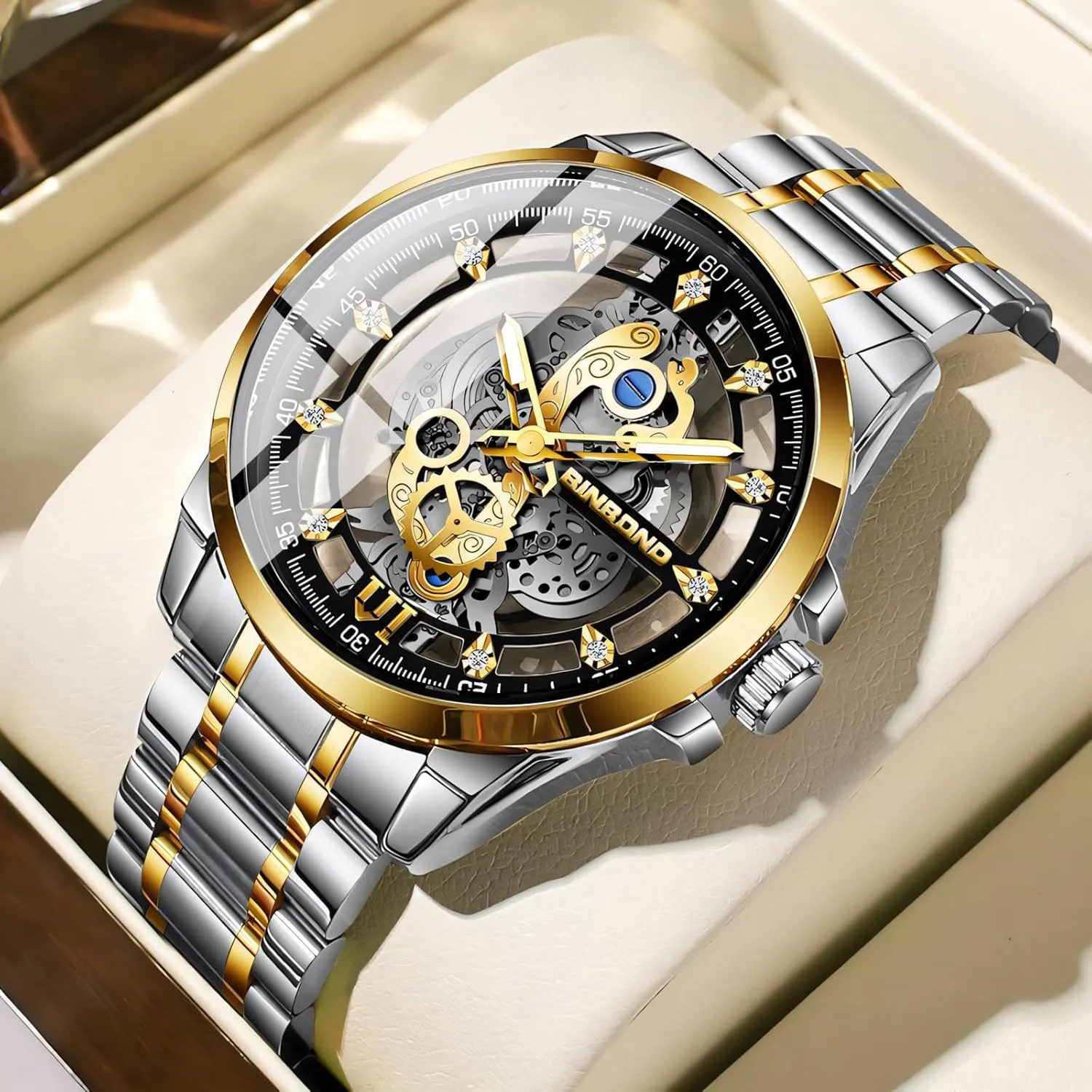Gold Skeleton Retro Men's Watches Waterproof Luminous parent Rhinestone Inlaid Watch Men Hollow Quartz Wristwatch 