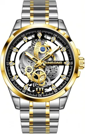 Gold Skeleton Retro Men's Watches Waterproof Luminous parent Rhinestone Inlaid Watch Men Hollow Quartz Wristwatch 