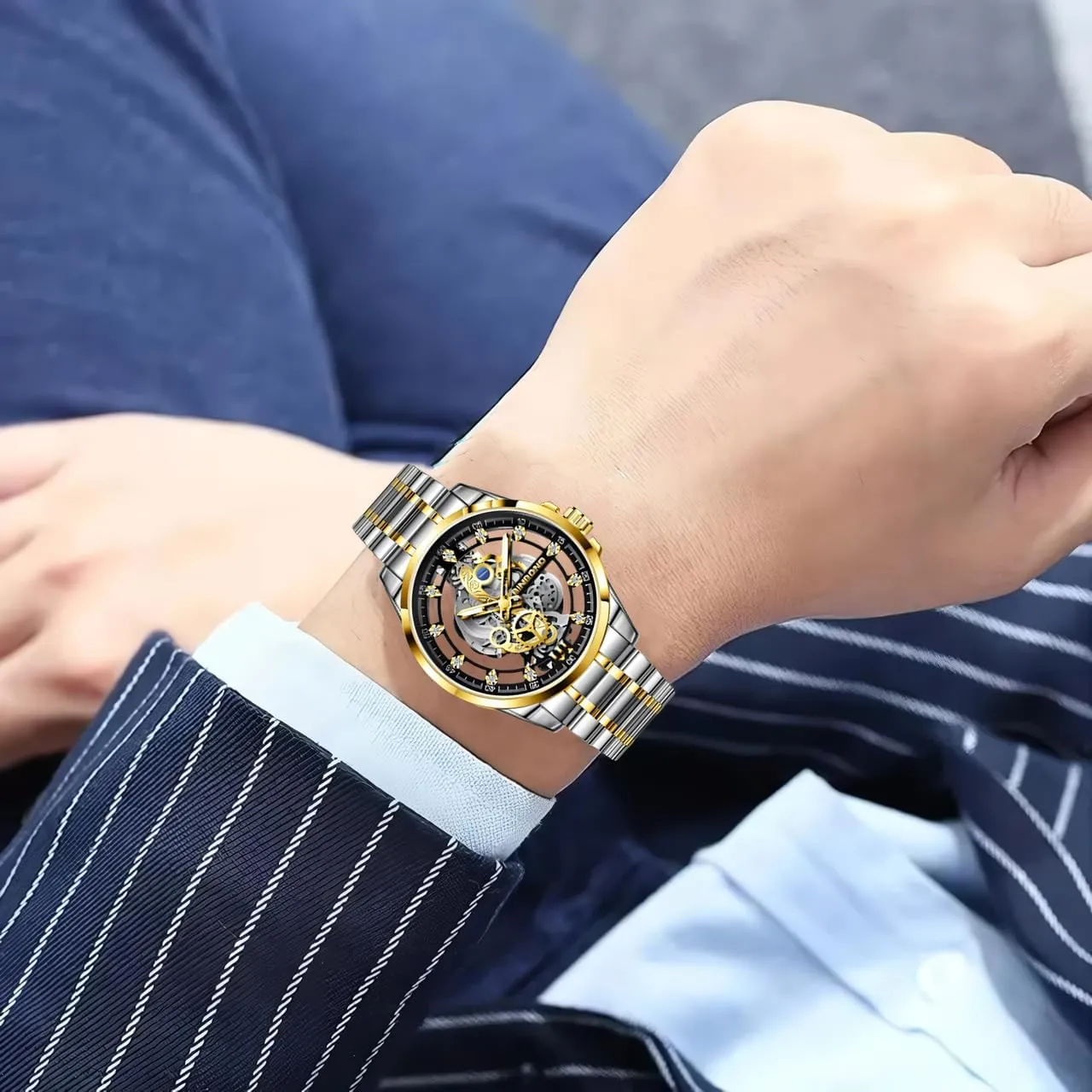 Gold Skeleton Retro Men's Watches Waterproof Luminous parent Rhinestone Inlaid Watch Men Hollow Quartz Wristwatch 