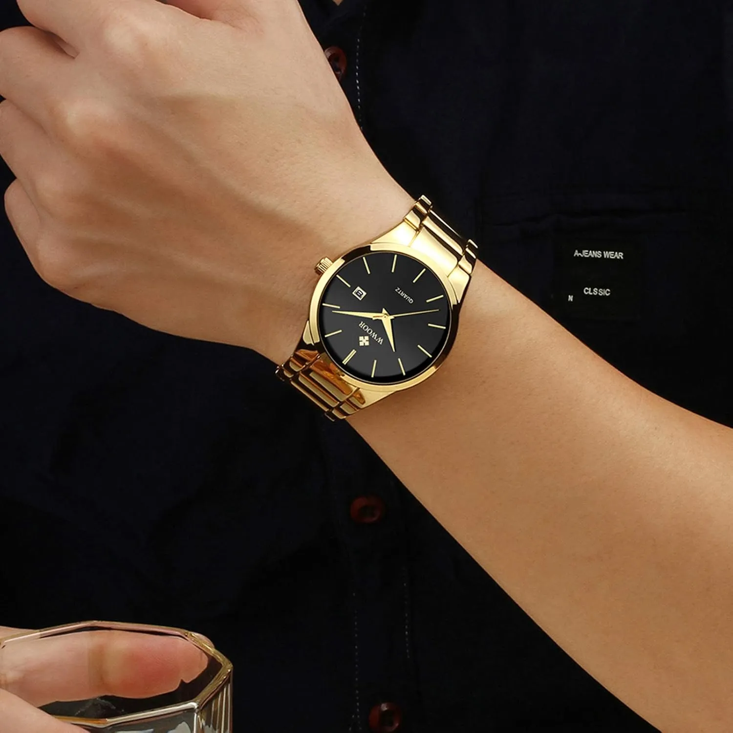 Gold Watches for stain Men Waterproof Casual Wrist Watch with Date �� WWOOR Men's Quartz Stainless Steel and Metal Black and 