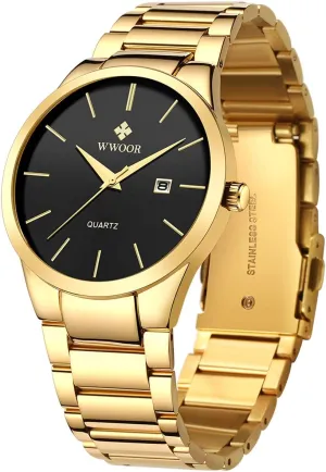 Gold Watches for stain Men Waterproof Casual Wrist Watch with Date �� WWOOR Men's Quartz Stainless Steel and Metal Black and 