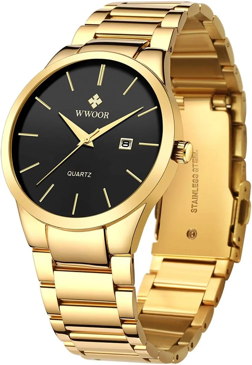 Gold Watches for stain Men Waterproof Casual Wrist Watch with Date �� WWOOR Men's Quartz Stainless Steel and Metal Black and 