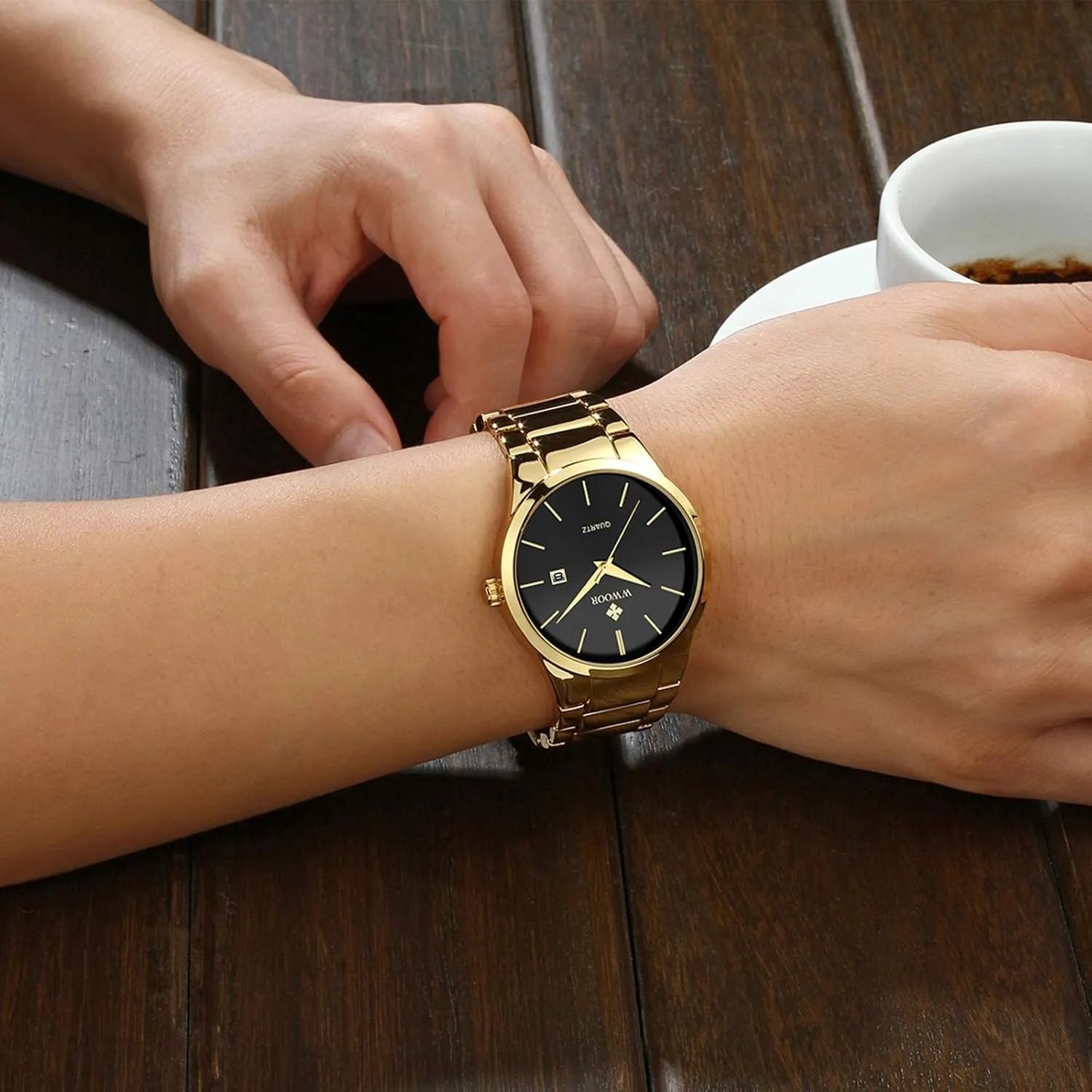 Gold Watches for stain Men Waterproof Casual Wrist Watch with Date �� WWOOR Men's Quartz Stainless Steel and Metal Black and 