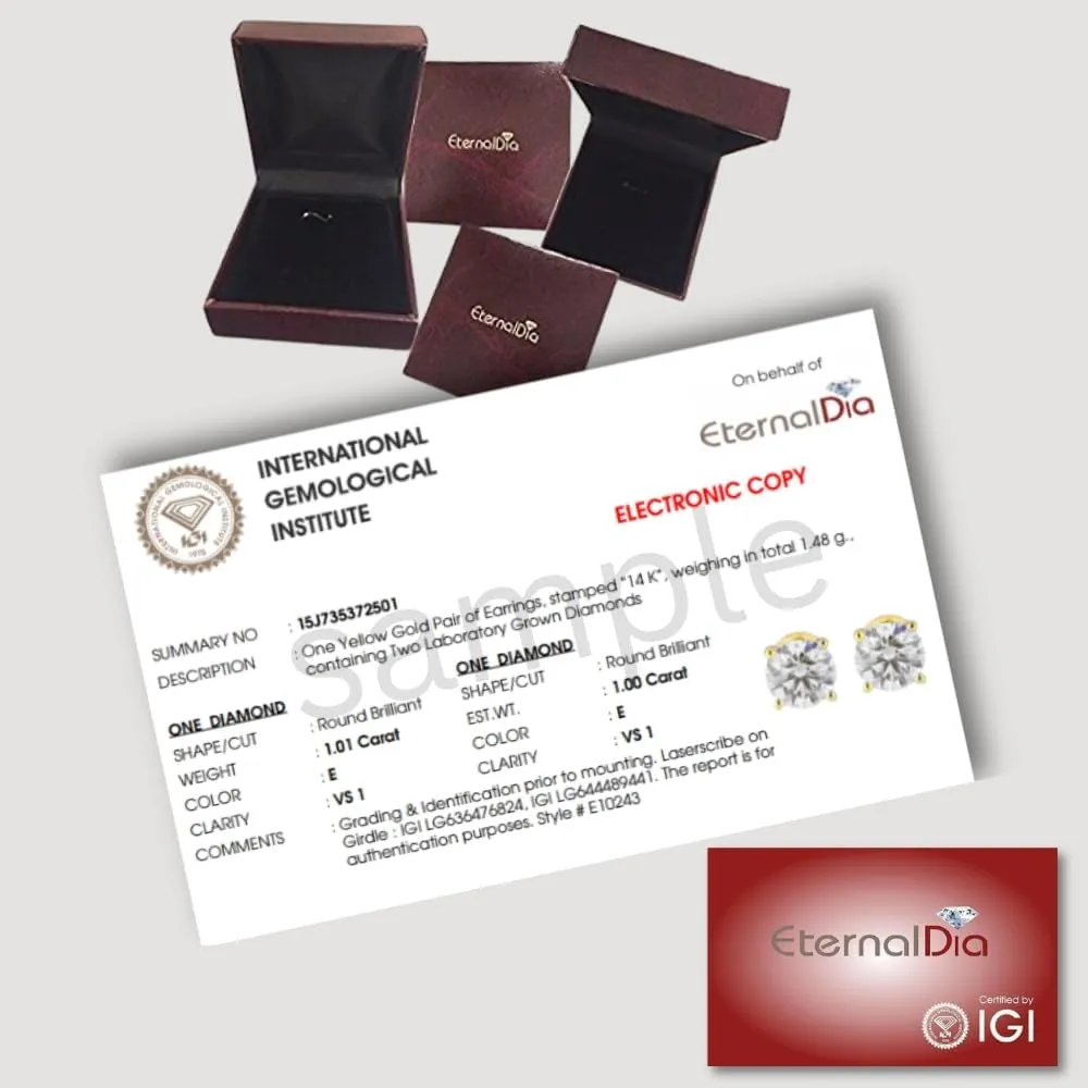 Gold With Screw back post (Color-F, Clarity VS1-VS2 0.50Ct - 3Ct) Eternaldia IGI Certified Lab Grown Diamond Solitaire Stud prospect note Earrings for Women in 14k 
