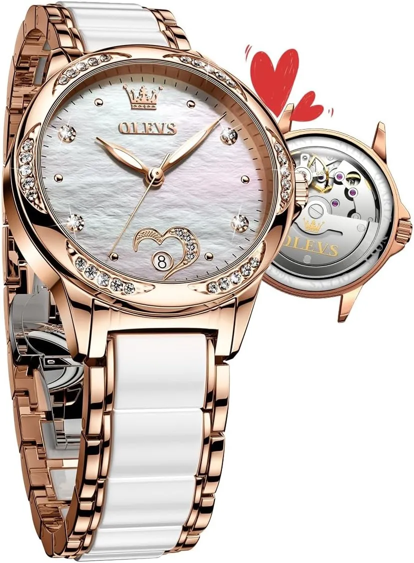 Gold Women's Watches, Automatic Watches with Two Tone drawing edge Stainless Steel Ceramic Bracelet, Diamond-Accented Self Winding Watches for Women, Red/Blue/White Dial [No Battery Required] OLEVS Rose 