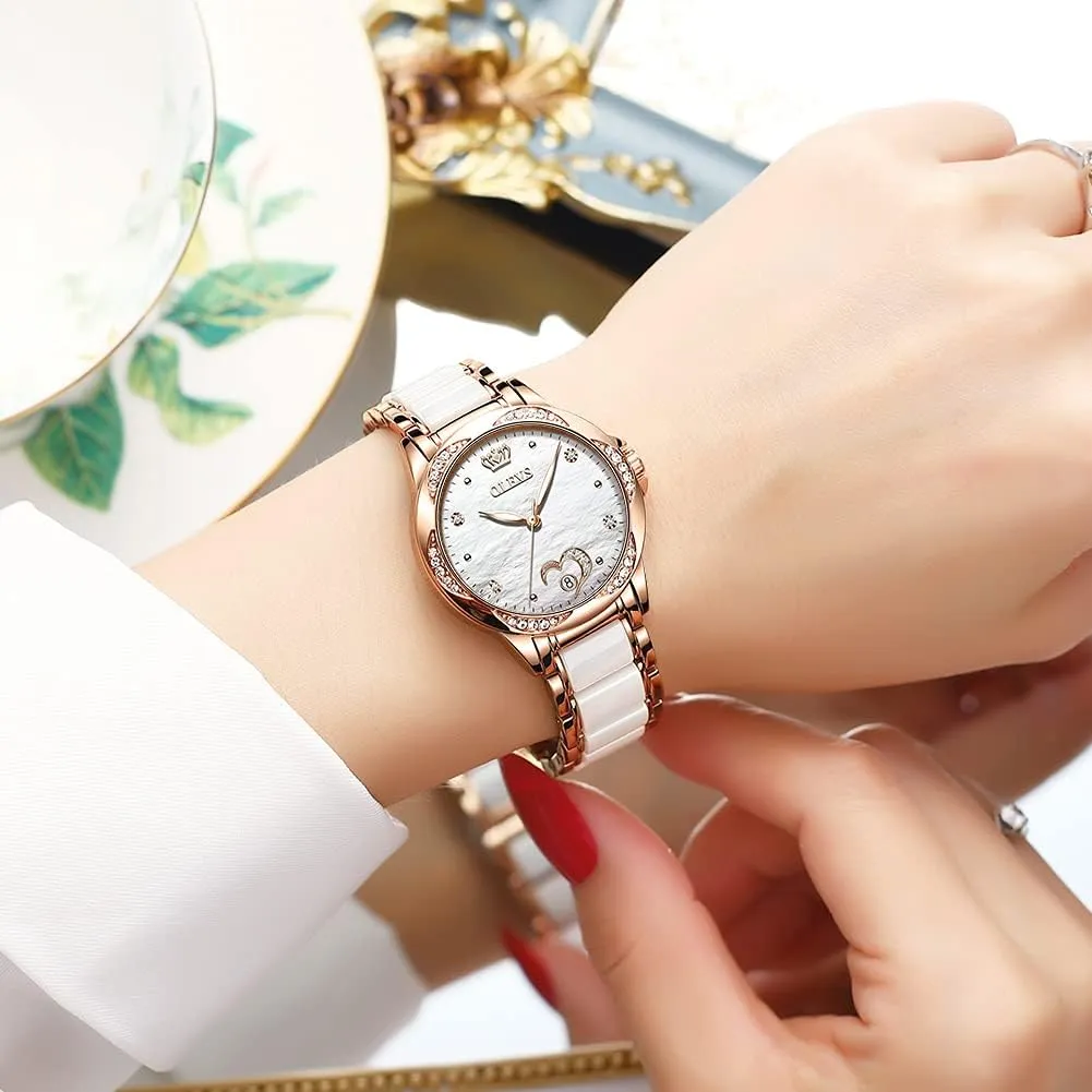 Gold Women's Watches, Automatic Watches with Two Tone drawing edge Stainless Steel Ceramic Bracelet, Diamond-Accented Self Winding Watches for Women, Red/Blue/White Dial [No Battery Required] OLEVS Rose 