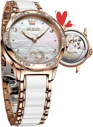 Gold Women's Watches, Automatic Watches with Two Tone drawing edge Stainless Steel Ceramic Bracelet, Diamond-Accented Self Winding Watches for Women, Red/Blue/White Dial [No Battery Required] OLEVS Rose 