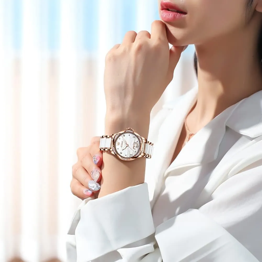 Gold Women's Watches, Automatic Watches with Two Tone drawing edge Stainless Steel Ceramic Bracelet, Diamond-Accented Self Winding Watches for Women, Red/Blue/White Dial [No Battery Required] OLEVS Rose 