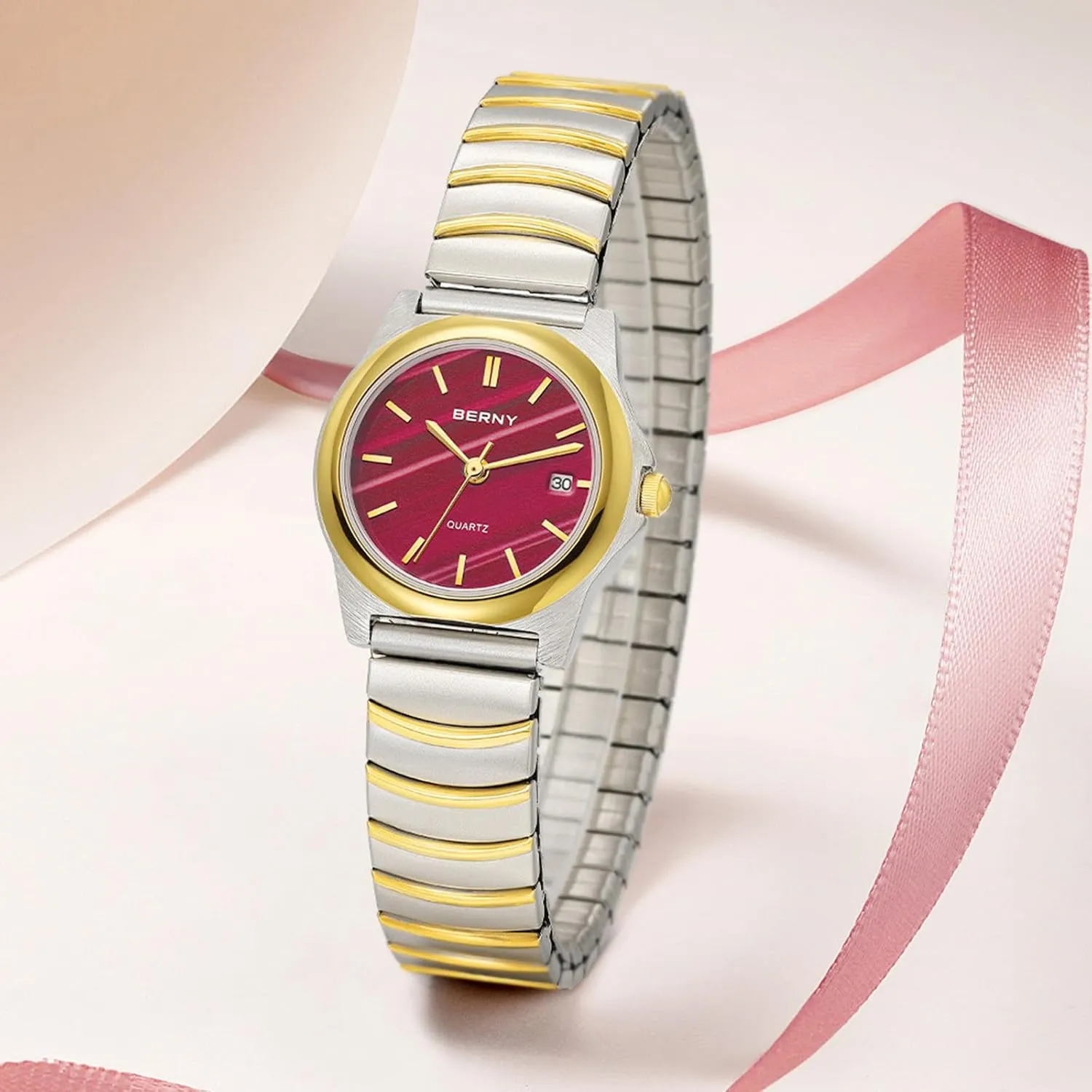 Golden/Silver Two-Tone Stainless Steel Expansion Strap 3ATM Waterproof BERNY Dainty Watches for Women with Elastic Band Ladies' Analog Quartz Watch jean maturity circadian simply Ultra Thin 