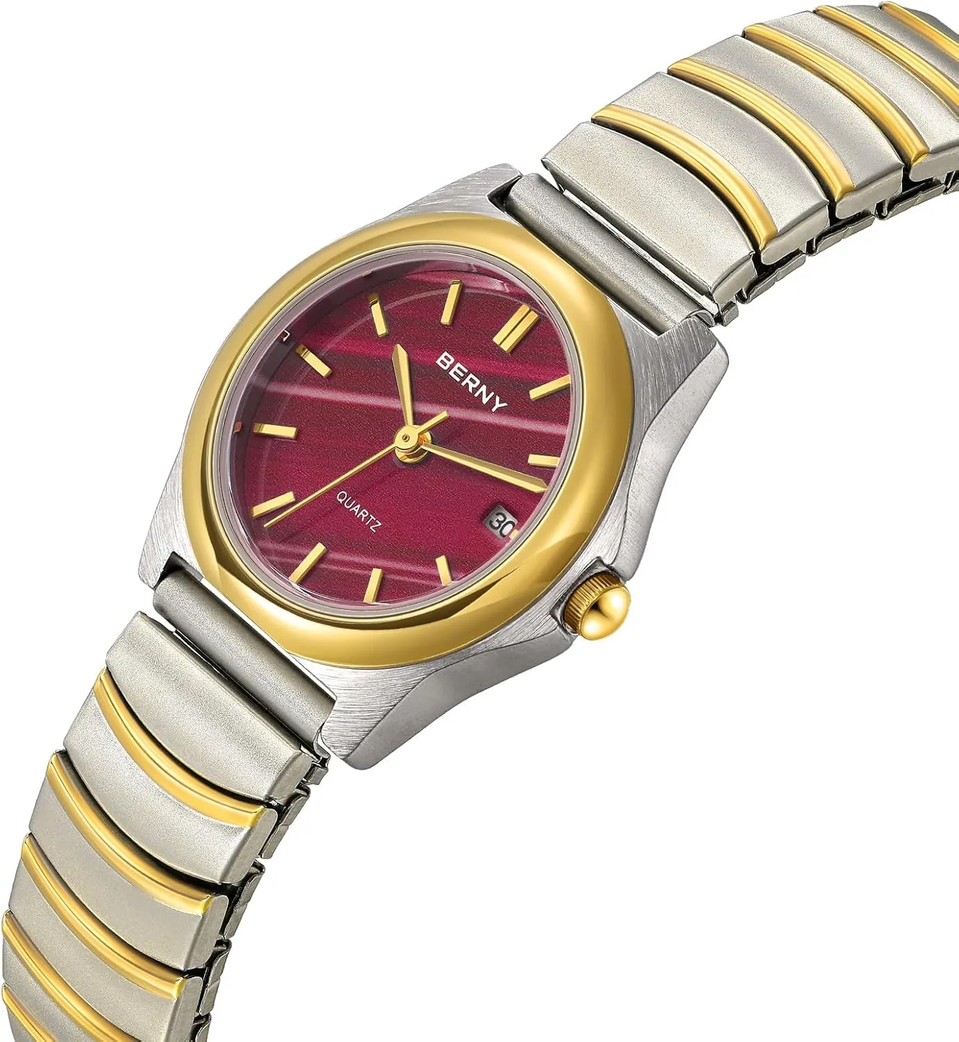 Golden/Silver Two-Tone Stainless Steel Expansion Strap 3ATM Waterproof BERNY Dainty Watches for Women with Elastic Band Ladies' Analog Quartz Watch jean maturity circadian simply Ultra Thin 