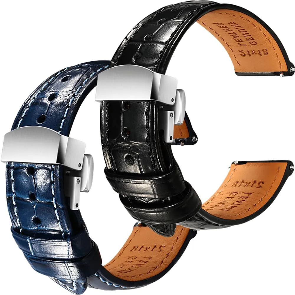 Grain Embossed Watch Straps - Set of 2, 20mm REZERO Black/Blue Handmade Quick-Release forager Alligator 