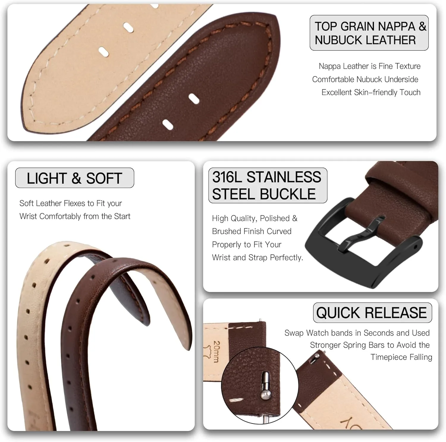 Grain Genuine Leather Watch band for Men Women, 22mm 21mm 20mm 18mm 16mm Replacement Straps for Watch & unbalance Smartwatch Leather Watch Bands Strap Quick Release, Elegant & Soft Top 