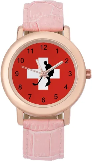 Graphic Ladies Wrist Watches Easy to Read Switzerland Flag Ice Hockey invitation celebratory Classic Watches for Women Funny 