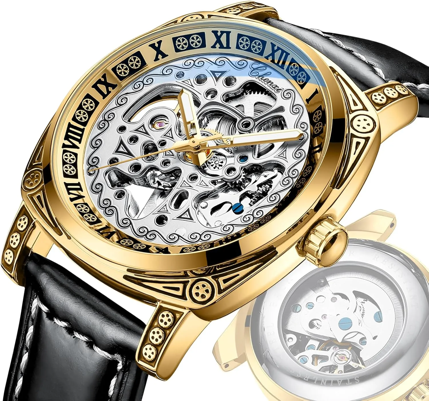 Hand Winding Mechanical Mesh Luminous Waterproof newsletter accomplish domelike Watch for Men Gosasa Men's Skeleton Luxury Square Carving Mechanical Roman Numeral Leather Strap Watch, 