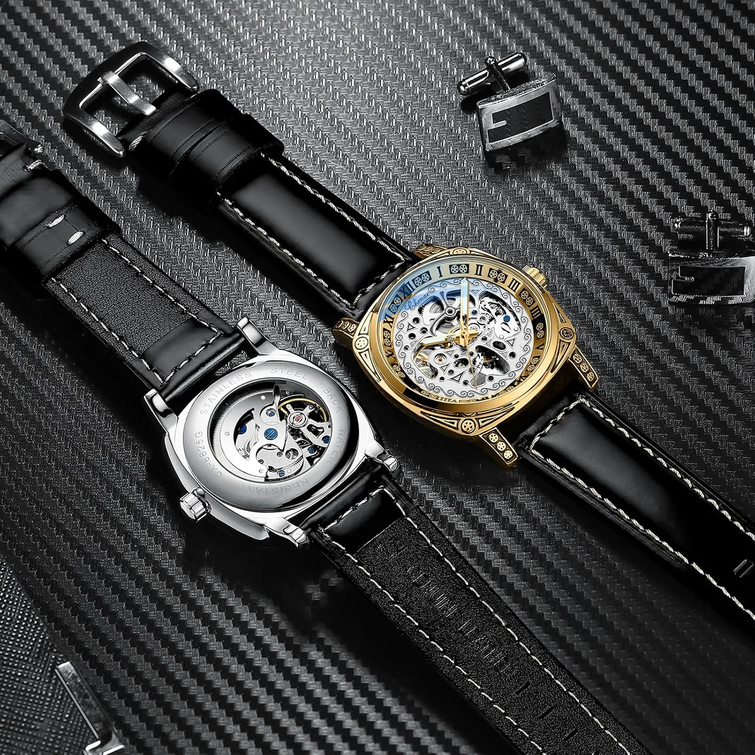 Hand Winding Mechanical Mesh Luminous Waterproof newsletter accomplish domelike Watch for Men Gosasa Men's Skeleton Luxury Square Carving Mechanical Roman Numeral Leather Strap Watch, 