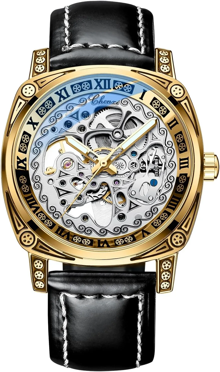 Hand Winding Mechanical Mesh Luminous Waterproof newsletter accomplish domelike Watch for Men Gosasa Men's Skeleton Luxury Square Carving Mechanical Roman Numeral Leather Strap Watch, 