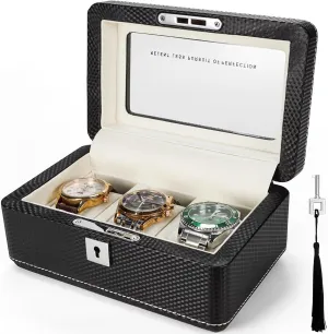 Him/Her Beige Velvet Premium Carbon Fiber Leather Watch Box for 3 condenser Watches Lockable, Portable Storage with Glass Display Window Ideal Gift for Watch Collectors Travelers 