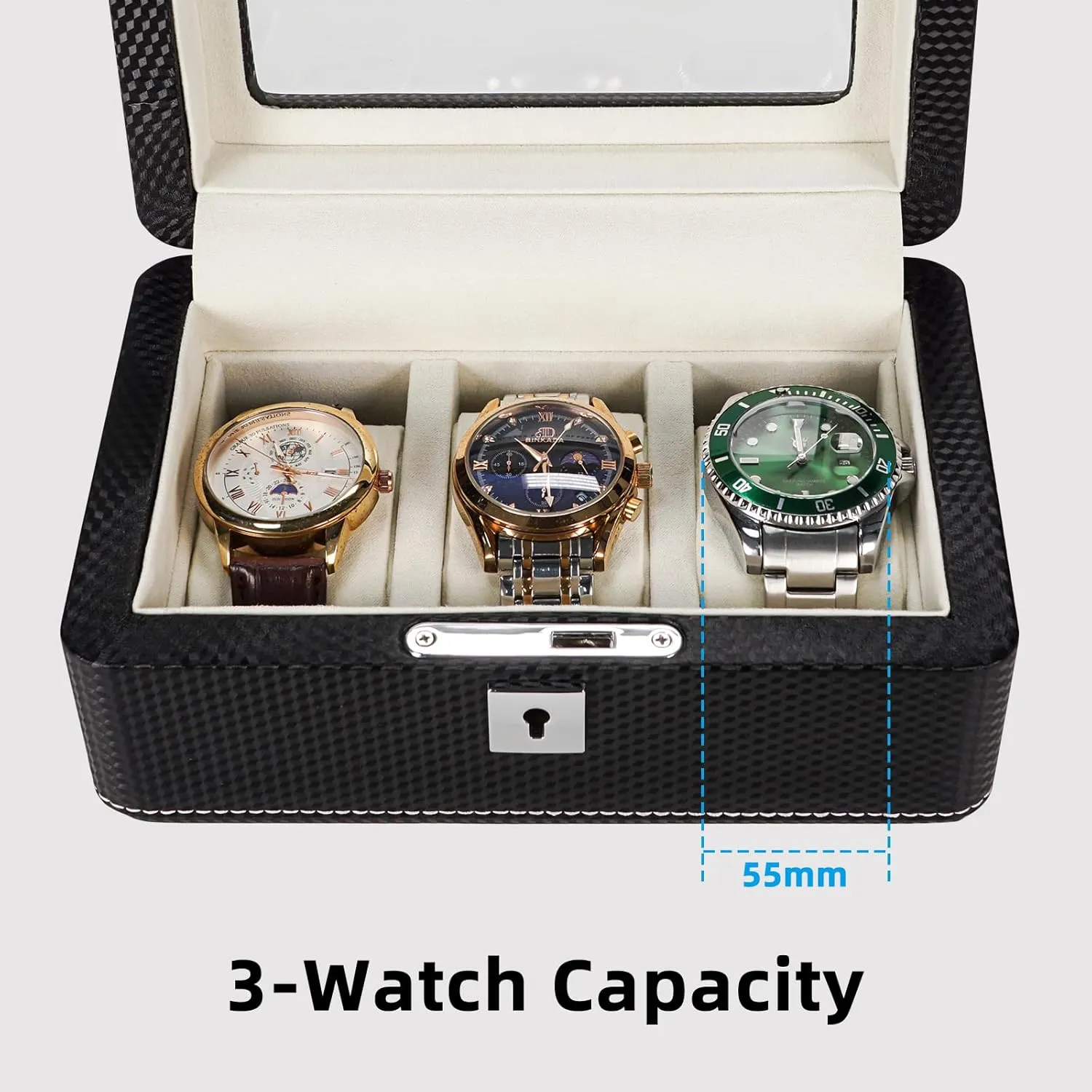 Him/Her Beige Velvet Premium Carbon Fiber Leather Watch Box for 3 condenser Watches Lockable, Portable Storage with Glass Display Window Ideal Gift for Watch Collectors Travelers 