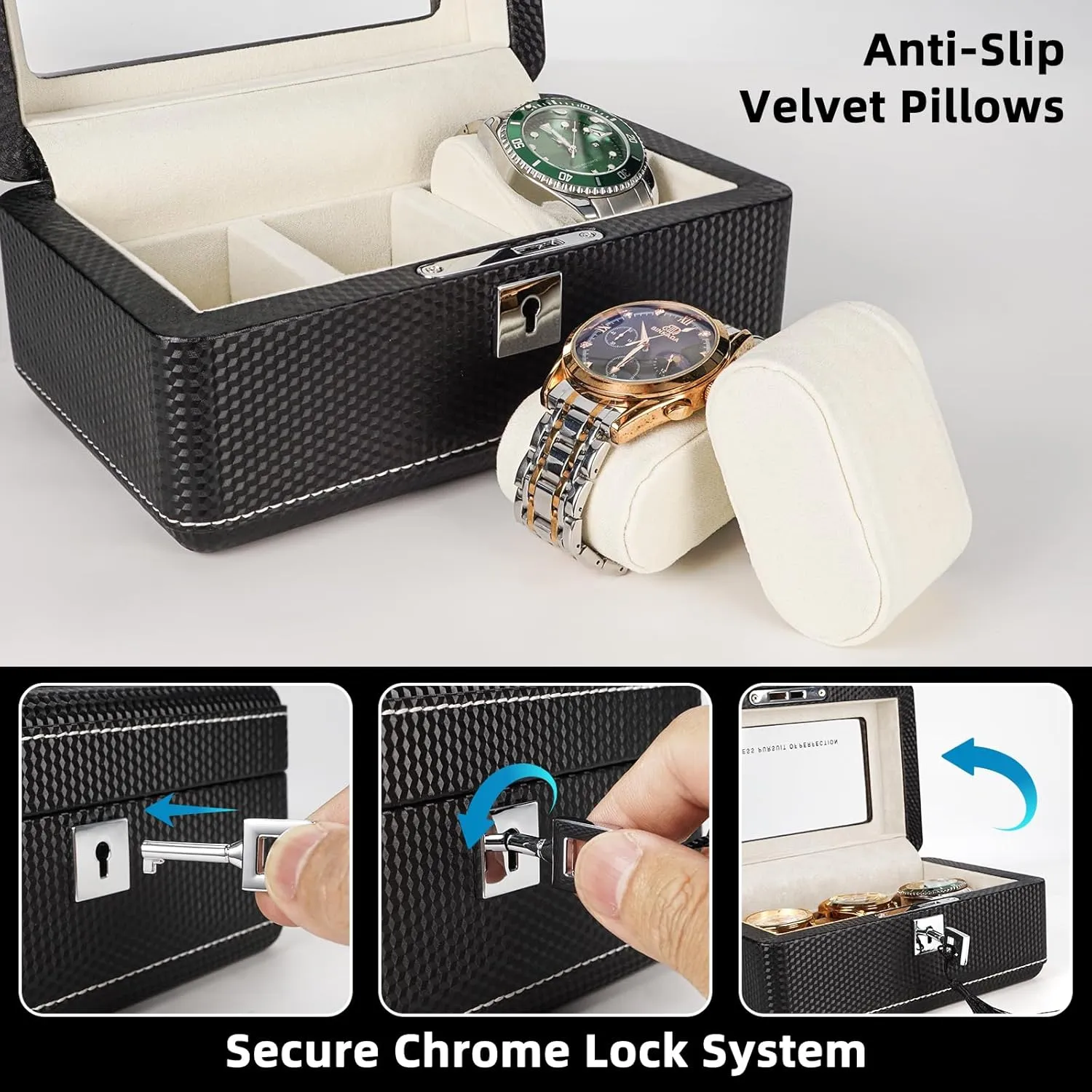 Him/Her Beige Velvet Premium Carbon Fiber Leather Watch Box for 3 condenser Watches Lockable, Portable Storage with Glass Display Window Ideal Gift for Watch Collectors Travelers 