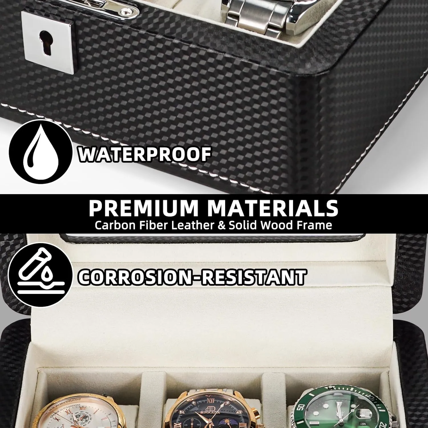 Him/Her Beige Velvet Premium Carbon Fiber Leather Watch Box for 3 condenser Watches Lockable, Portable Storage with Glass Display Window Ideal Gift for Watch Collectors Travelers 