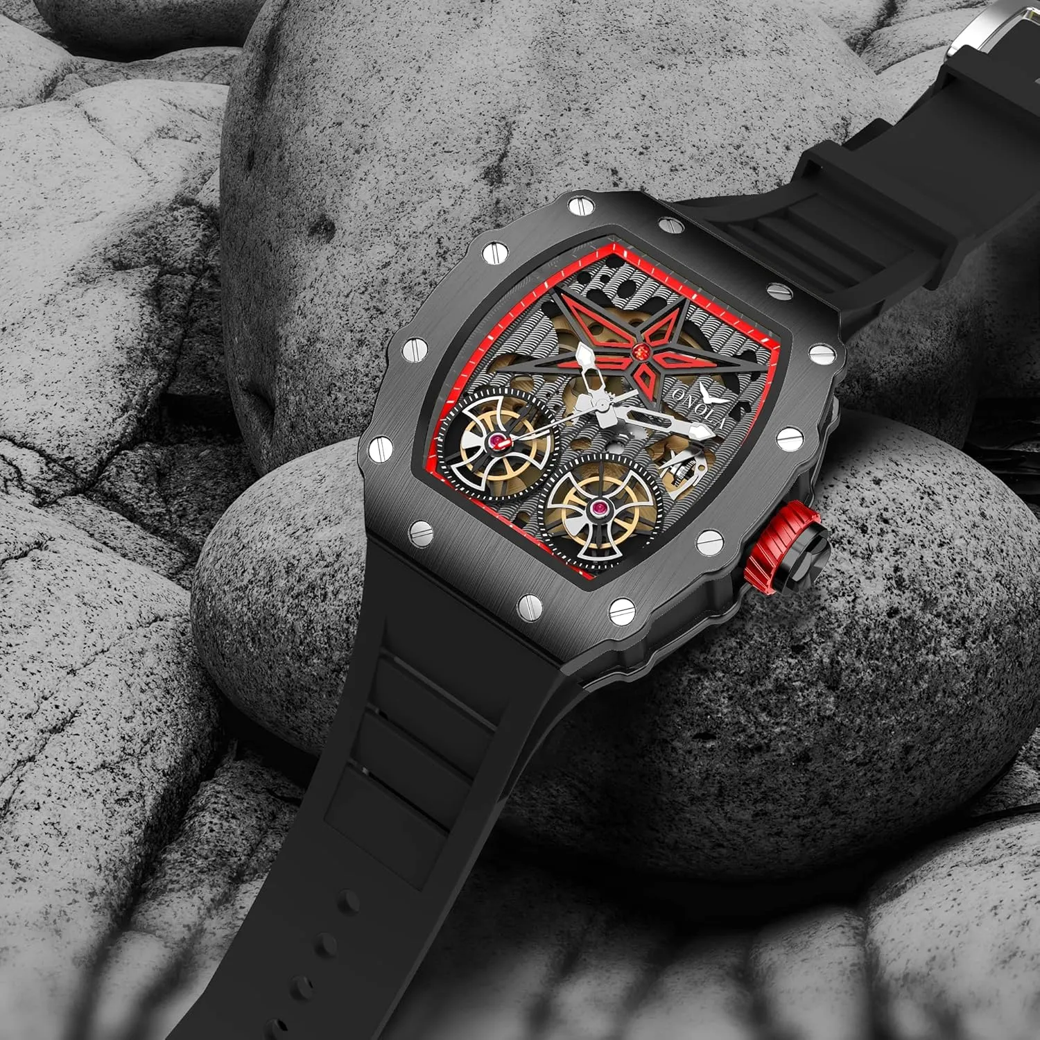 Hollow Fashion Male Watch Silicone barge scrubbiness Strap Analog Display Waterproof Wristwatch Gosasa Luxury Automatic Mechanical Watches for Men Tonneau Shape 