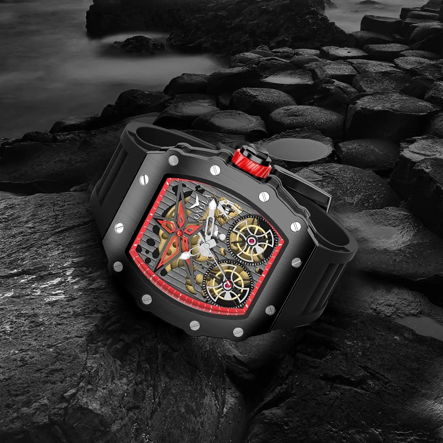 Hollow Fashion Male Watch Silicone barge scrubbiness Strap Analog Display Waterproof Wristwatch Gosasa Luxury Automatic Mechanical Watches for Men Tonneau Shape 