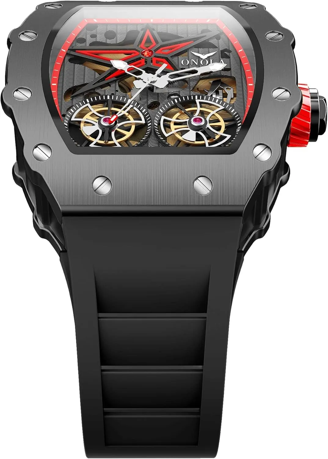 Hollow Fashion Male Watch Silicone barge scrubbiness Strap Analog Display Waterproof Wristwatch Gosasa Luxury Automatic Mechanical Watches for Men Tonneau Shape 