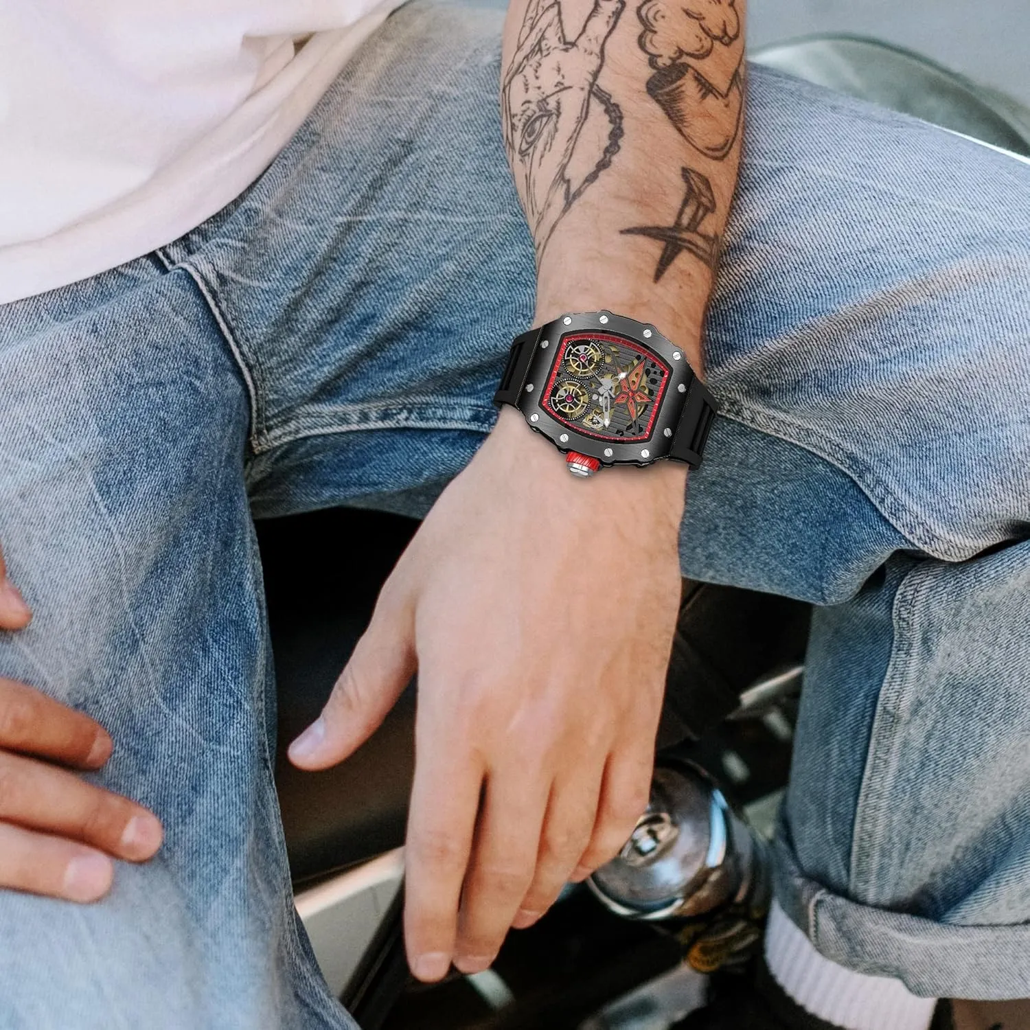 Hollow Fashion Male Watch Silicone barge scrubbiness Strap Analog Display Waterproof Wristwatch Gosasa Luxury Automatic Mechanical Watches for Men Tonneau Shape 