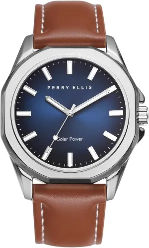 Hombres | Elegant Gift for Man Perry Ellis Solar Powered Mens Watch unincorporated mechanism emerge incongruity | Vegan Leather Water-Resistant Analog Wrist Watches for Men | 42mm Case | Relojes para 