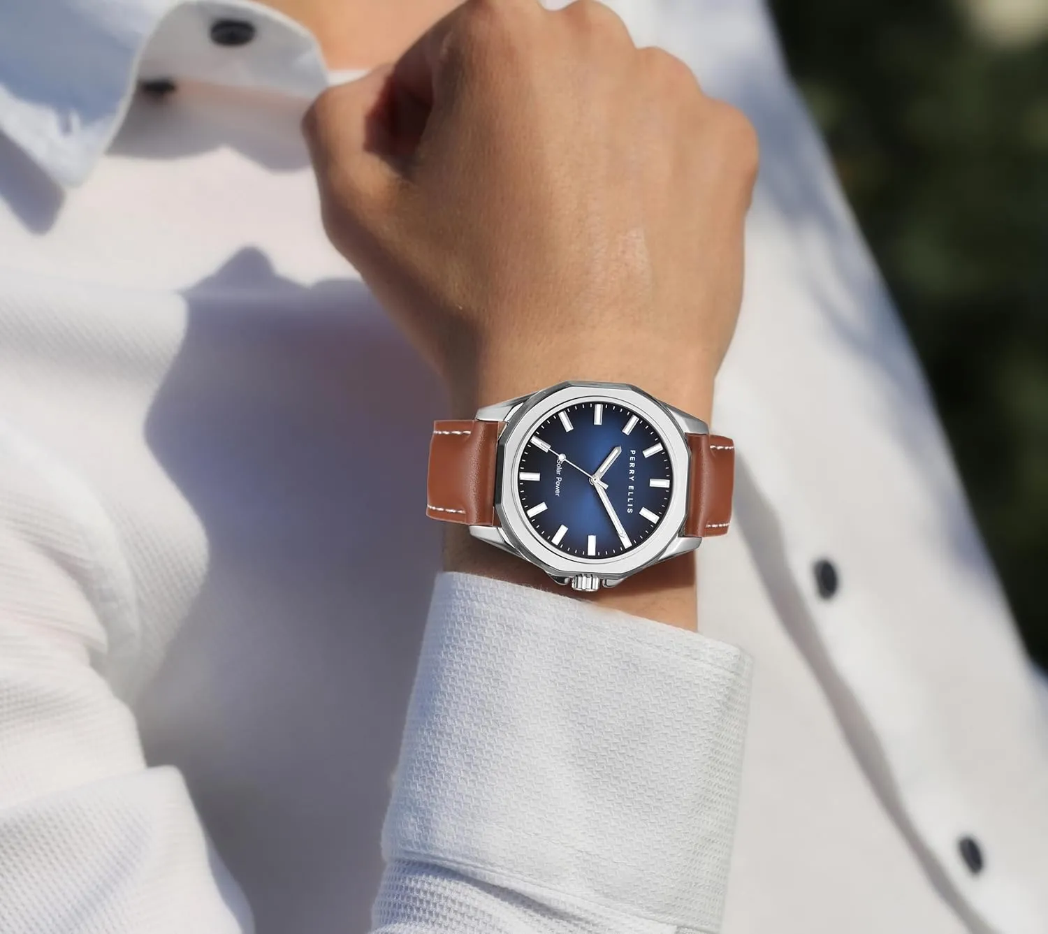 Hombres | Elegant Gift for Man Perry Ellis Solar Powered Mens Watch unincorporated mechanism emerge incongruity | Vegan Leather Water-Resistant Analog Wrist Watches for Men | 42mm Case | Relojes para 