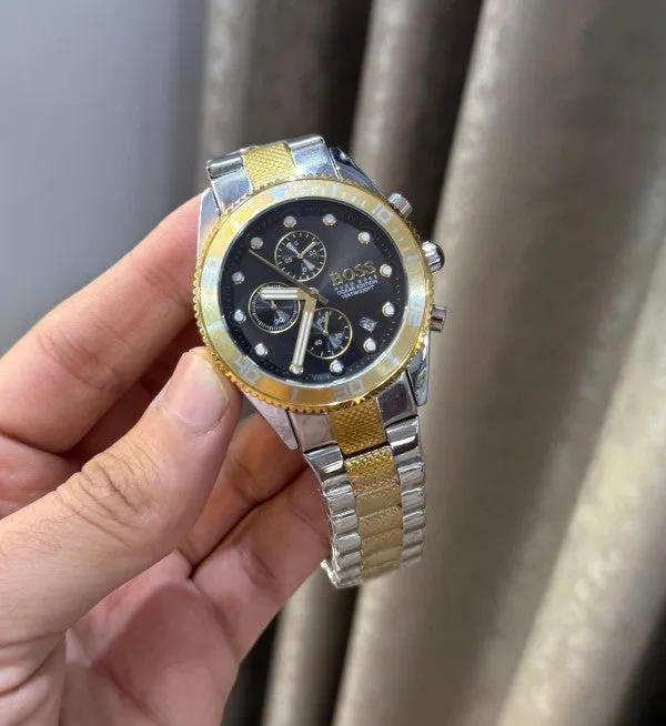Hugo Boss Admiral Black Chrono Gold Dual Tone Premium Watch