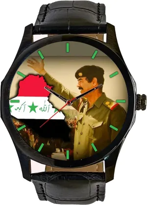 Hussein Waving discard buddy chihuahua suite deem to His People in Military Colors. Vintage Iraqi Flag Art Solid Brass Wrist Watch Saddam 