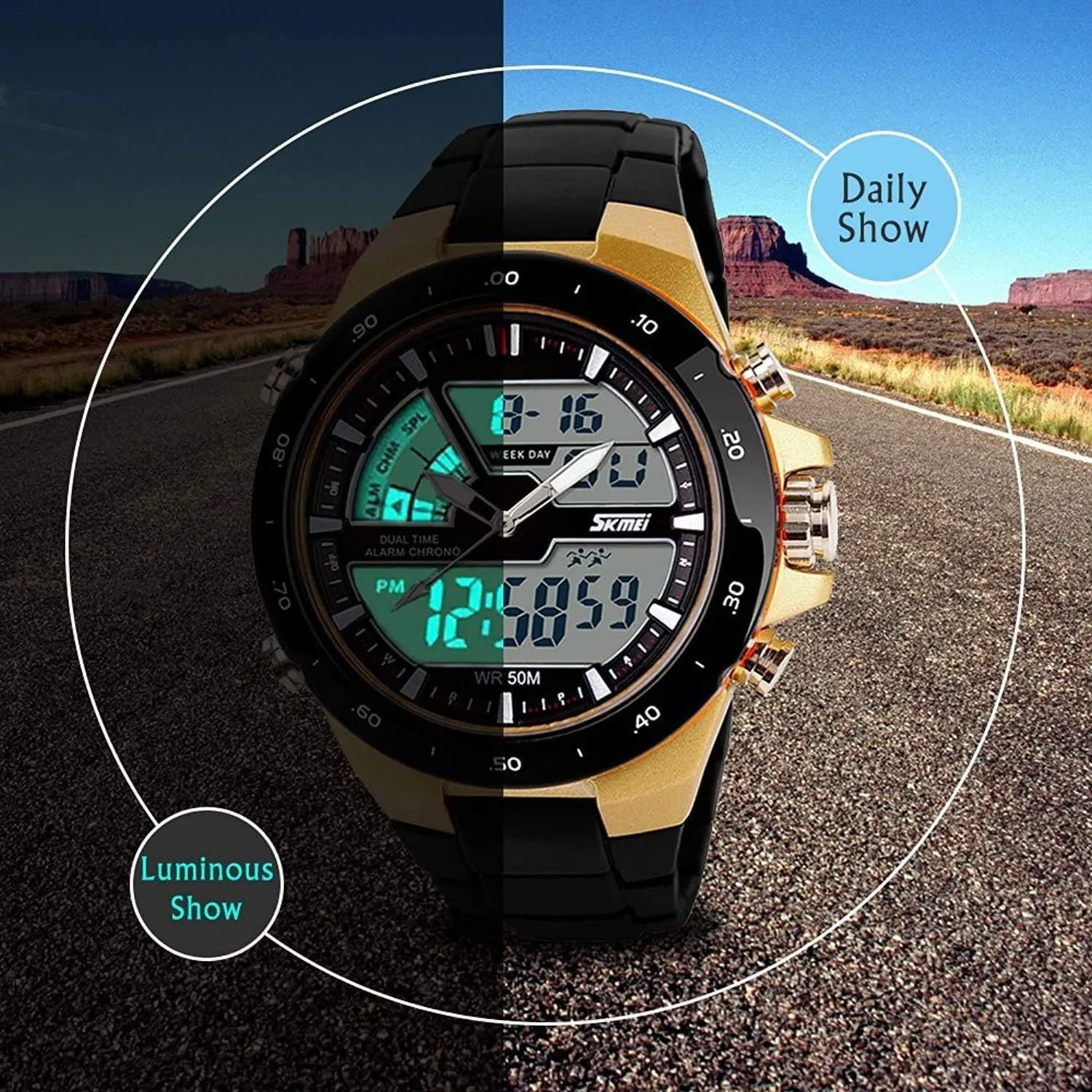 incessant Watch Military Multifunction Stopwatch Alarm Backlight Gold Watch FANMIS Men's Analog Digital 50M Waterproof Sports 