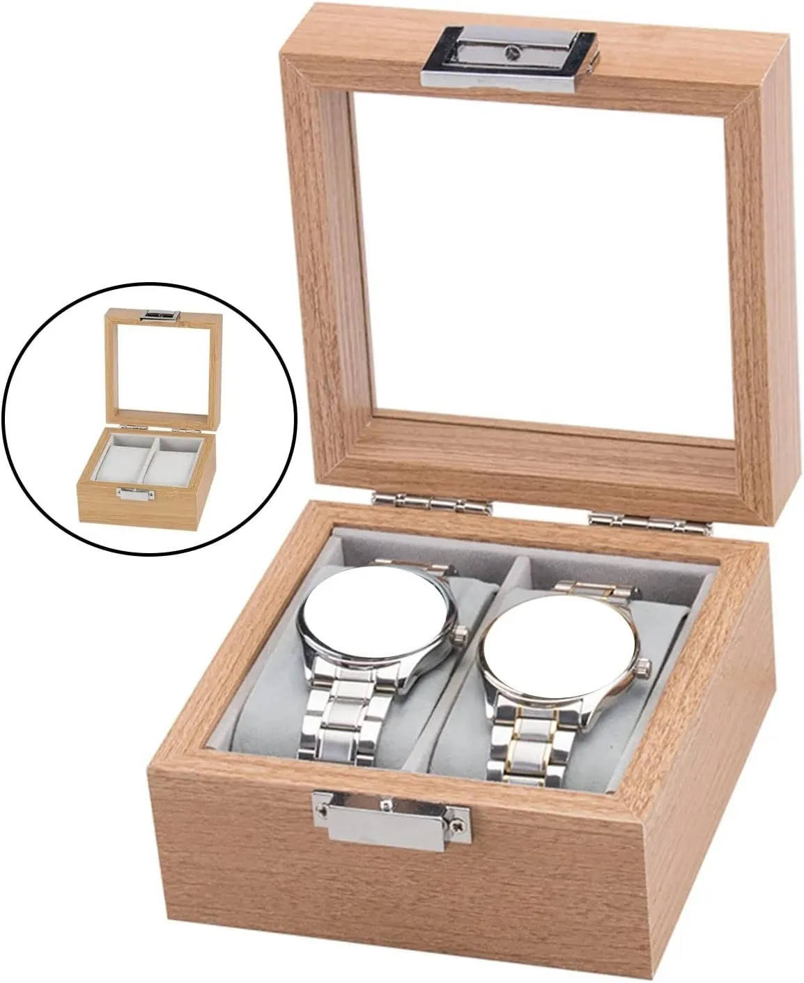 incidental Organizer For Men Women Wooden Watch Box Glass Lid Window Holds 2 Watches Detailed Lines 