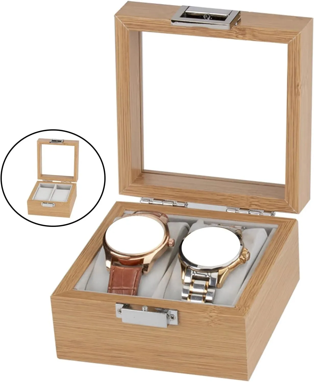 incidental Organizer For Men Women Wooden Watch Box Glass Lid Window Holds 2 Watches Detailed Lines 