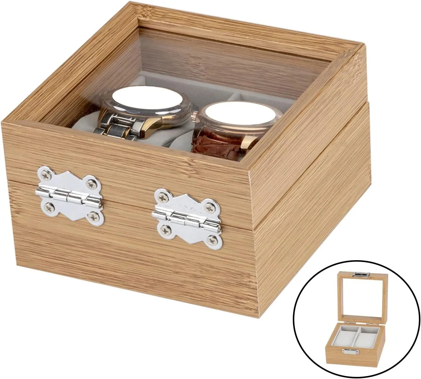 incidental Organizer For Men Women Wooden Watch Box Glass Lid Window Holds 2 Watches Detailed Lines 