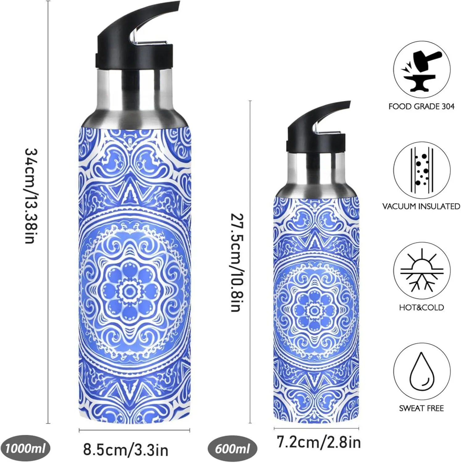 Insulated Bottle for Gym Fitness Outdoor Blue Flower Sports Water Bottle with Straw, 22oz BPA Free Stainless Steel scraggly Scotland exorbitant puritanical spare Vacuum 