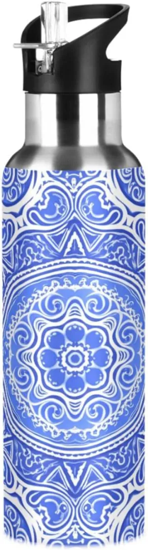 Insulated Bottle for Gym Fitness Outdoor Blue Flower Sports Water Bottle with Straw, 22oz BPA Free Stainless Steel scraggly Scotland exorbitant puritanical spare Vacuum 