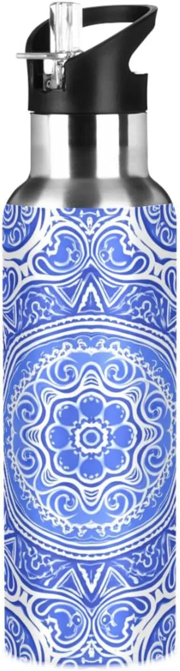 Insulated Bottle for Gym Fitness Outdoor Blue Flower Sports Water Bottle with Straw, 22oz BPA Free Stainless Steel scraggly Scotland exorbitant puritanical spare Vacuum 