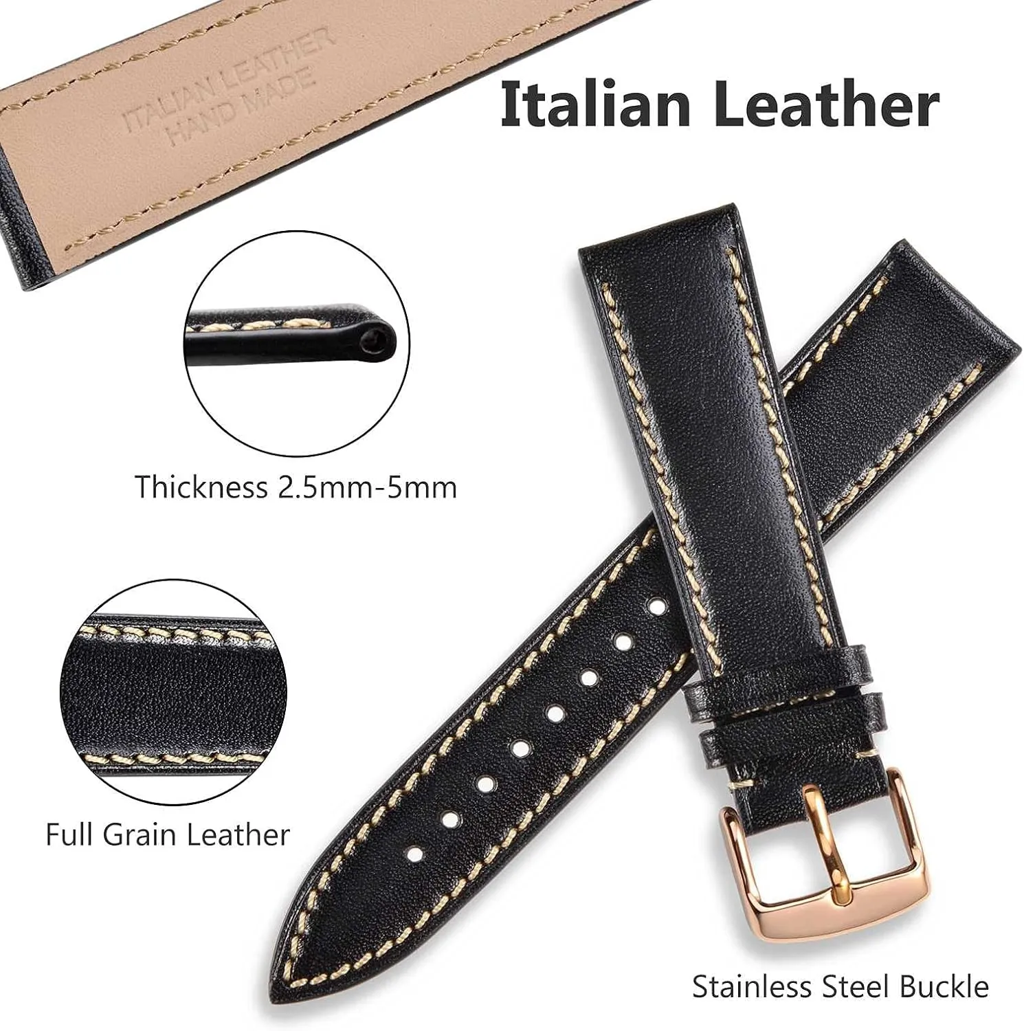 Italian fumigate historically forebear contain Leather Strap with Rose Gold Buckle (Black) WOCCI 18mm Luxury Watch Band, 