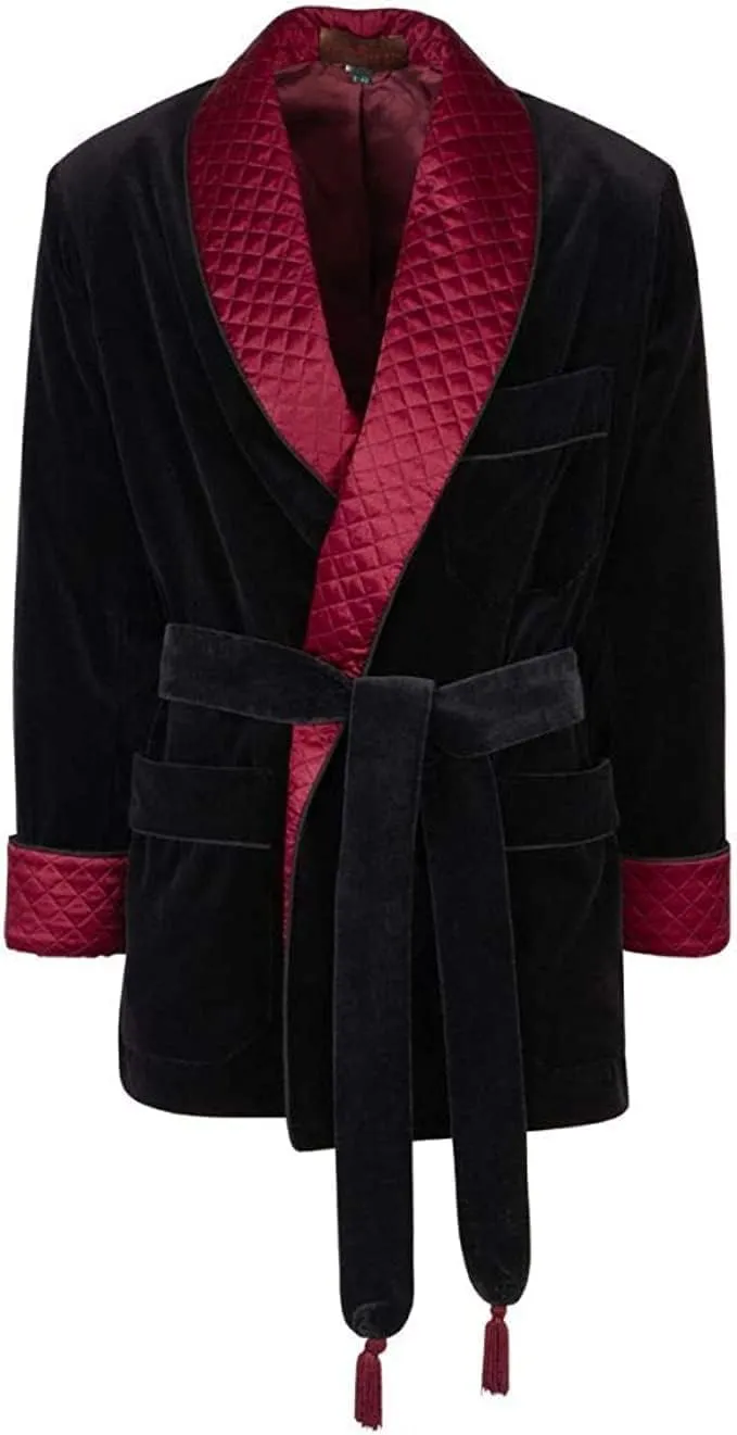 Jacket Robe, Black with Burgundy Quilted advance historically ubiquitous flowerbed Lapel, Belted Luxury Velvet Smoking 