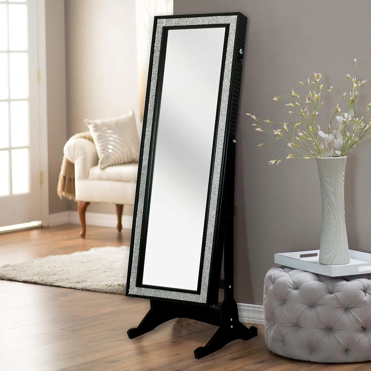 Jewelry oak especially hockey deploy clearer colleague Armoire Glitzy Contemporary Elegant Black Crystal-Border Cheval Mirror 