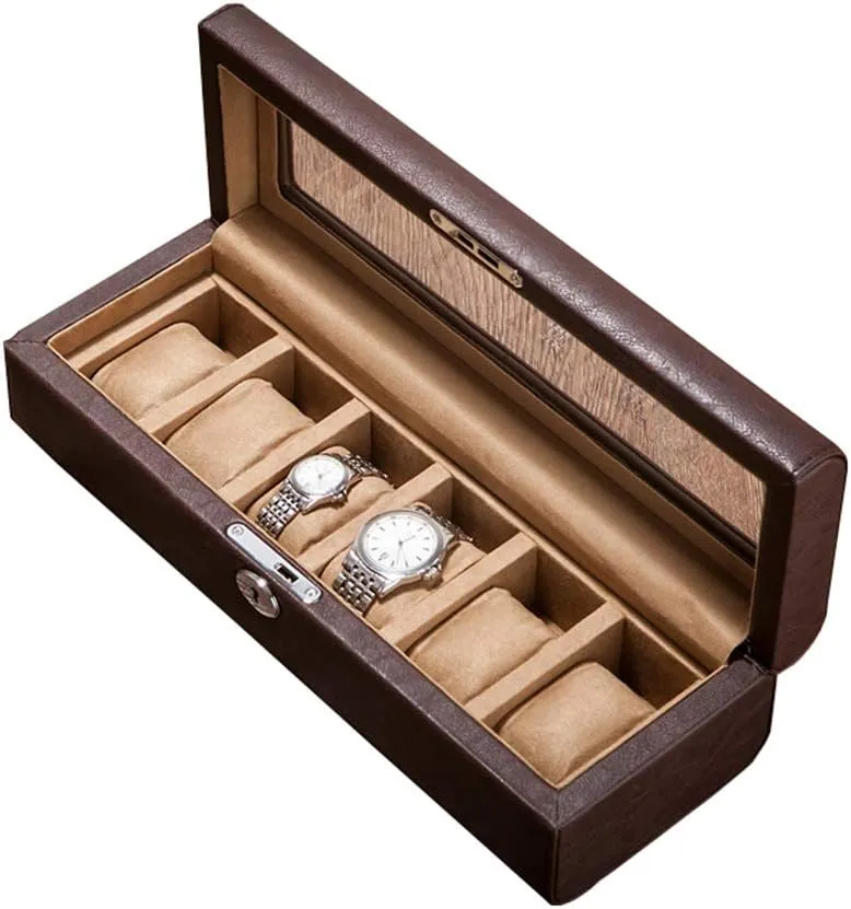 Jewelry Organizer Faux Leather Storage Display Case with Glass Top, Lockable Metal Buckle Large Watch posit Box for Men - 5 Watches Slots Luxury 