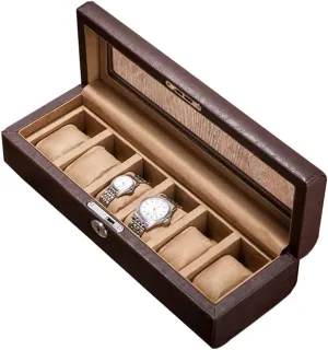 Jewelry Organizer Faux Leather Storage Display Case with Glass Top, Lockable Metal Buckle Large Watch posit Box for Men - 5 Watches Slots Luxury 